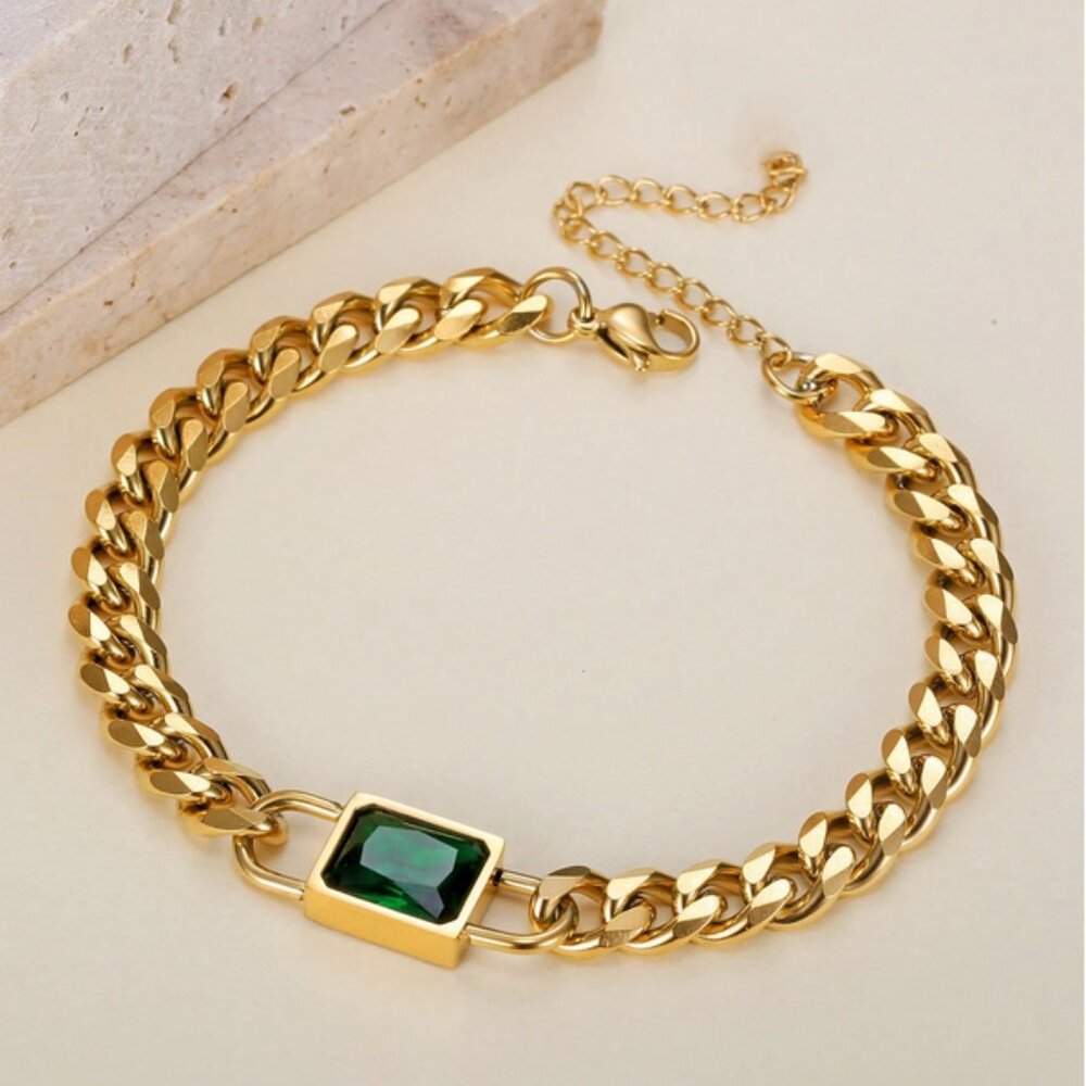 18K Gold Womens 2ct Green Emerald Gemstone Cuban Bracelet 18 K Silver Jewelry